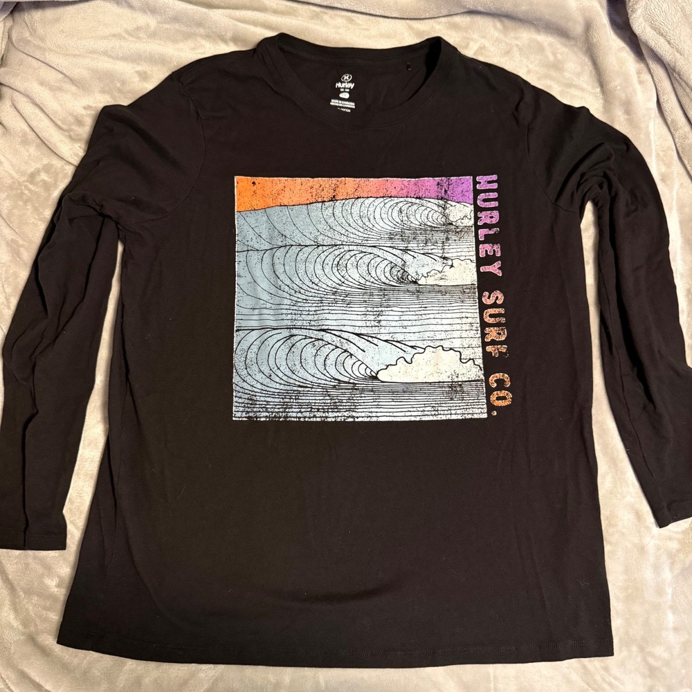 Hurley Surf Co Long Sleeve Graphic Tee Black Wave Sunset Surf Shirt L